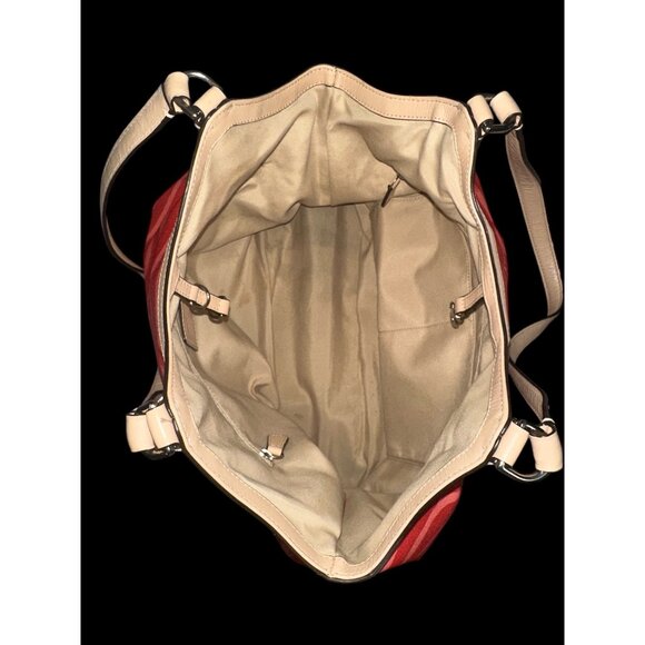 Coach Devin Shoulder Bag F24022 Orange Animal Print Canvas Tan Leather Tote - Picture 6 of 7